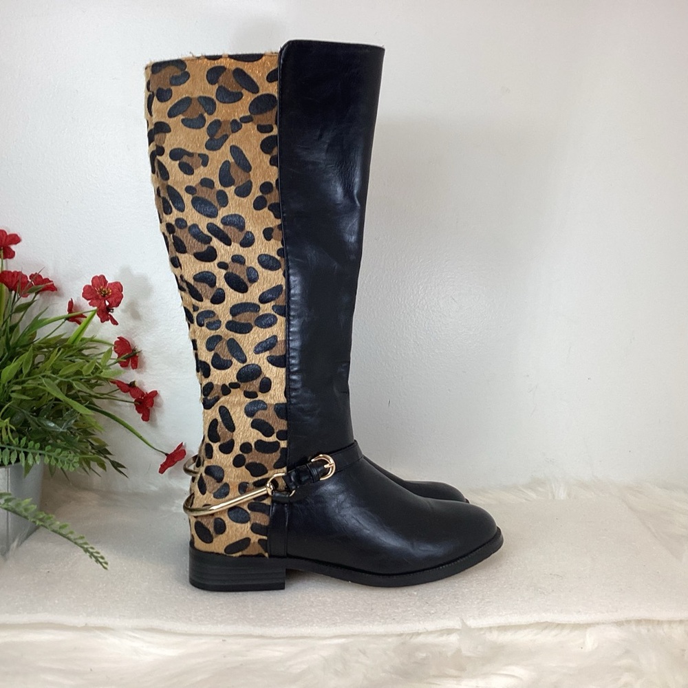 Wanted Black & Leopard Tall Riding Boots